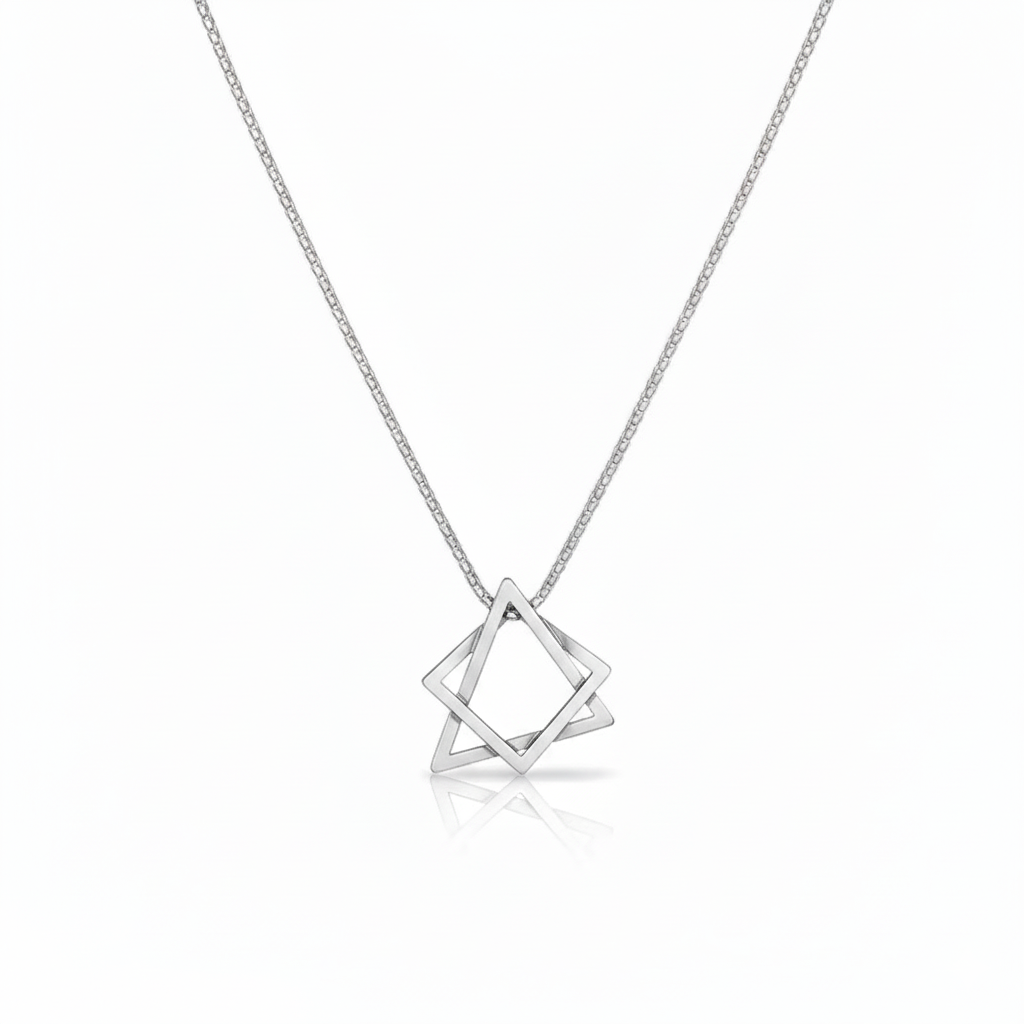 Minimalist Geometric Interlocking Squares Necklace (Silver Tone)