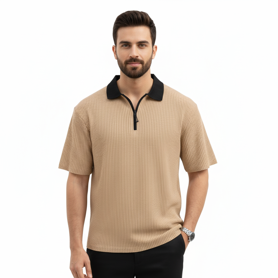 Men's Textured Knit Polo Shirt with Quarter-Zip Collar