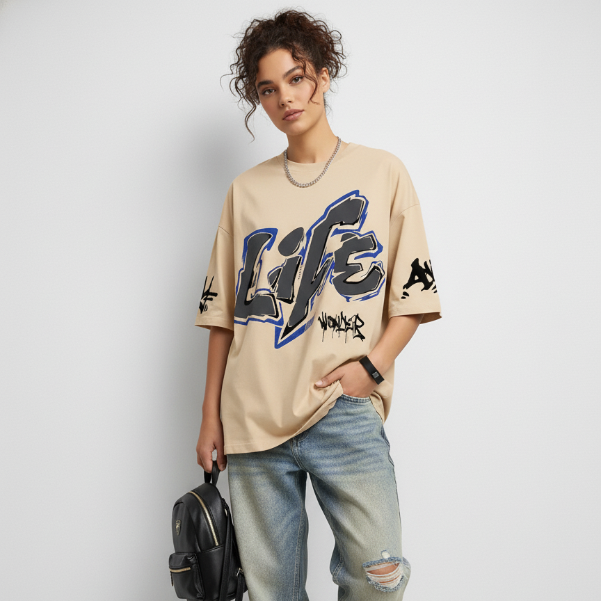 Life Graffiti Beige Graphic | Oversized T-Shirt | Preemierclothes