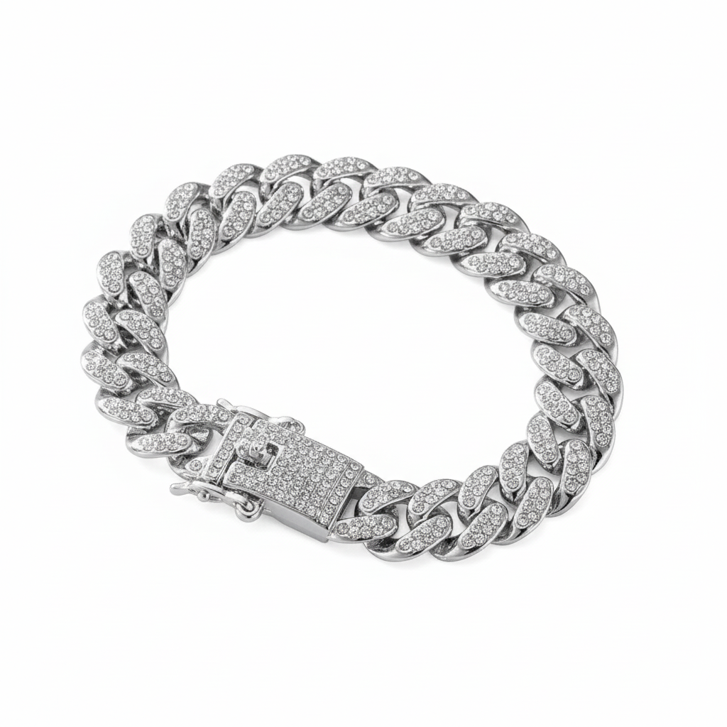 Men’s Iced Out Cuban Link Bracelet | Silver-Tone with Sparkling Stones | Preemierclothes
