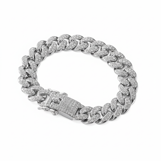 Men’s Iced Out Cuban Link Bracelet | Silver-Tone with Sparkling Stones | Preemierclothes