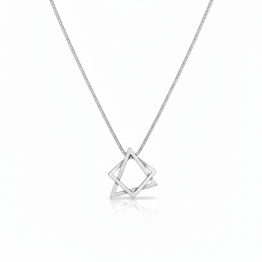 Minimalist Geometric Interlocking Squares Necklace (Silver Tone)