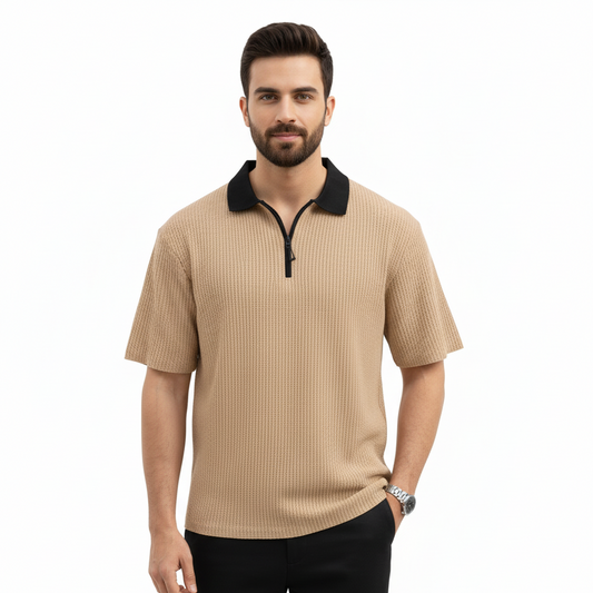 Men's Textured Knit Polo Shirt with Quarter-Zip Collar