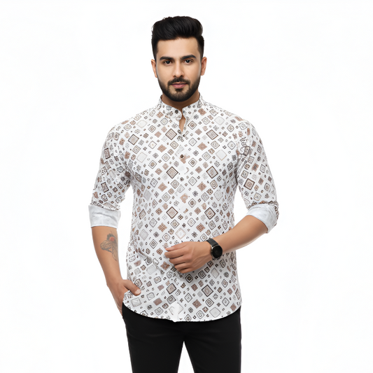 White Geometric Printed Short Kurta | Festive Ethnic Wear | Preemierclothes